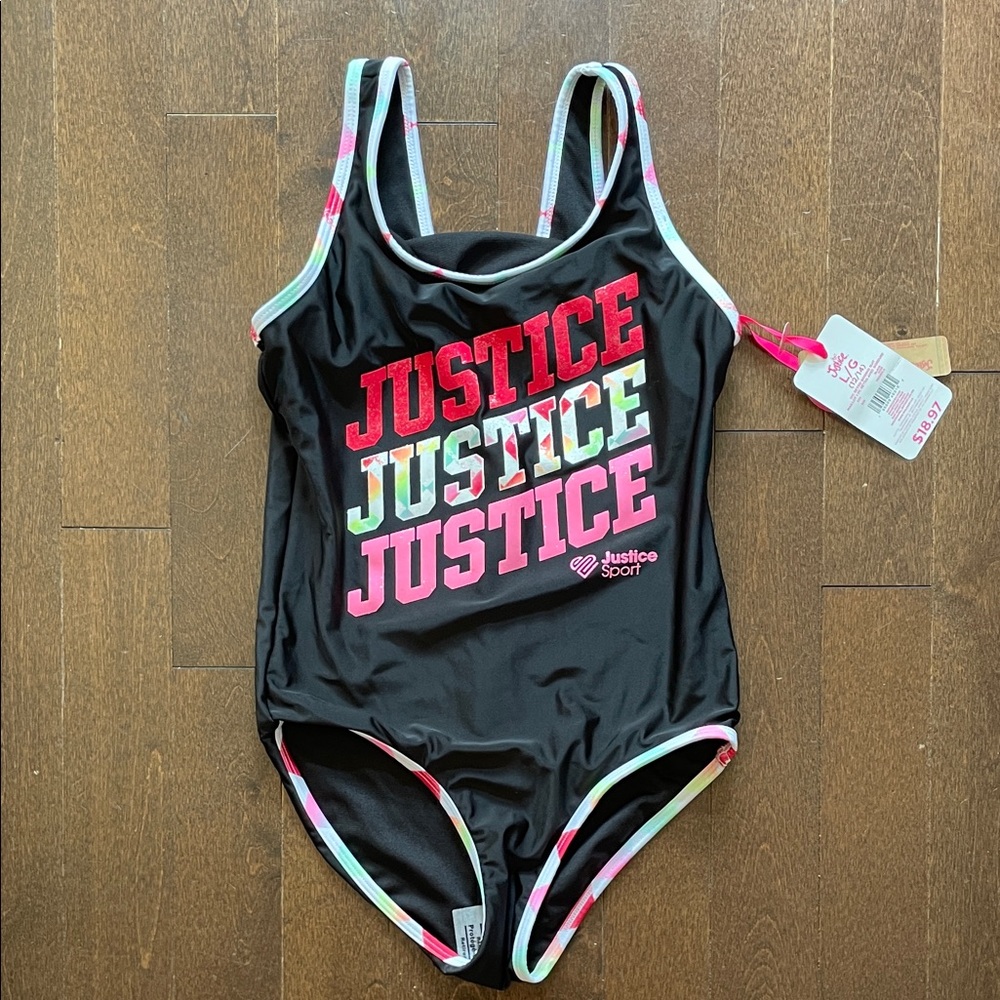 Justice Black Swimsuit with Vibrant Text